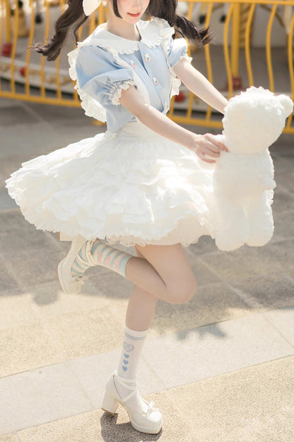 White and Blue Doll-Collar Short-Sleeved Multi-Layer Ruffled Sweet Princess Lolita Skirt Set