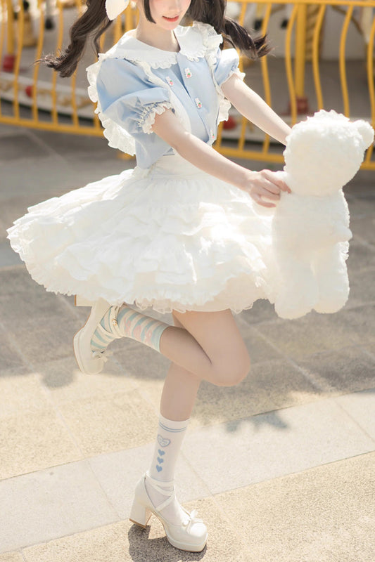 White and Blue Doll-Collar Short-Sleeved Multi-Layer Ruffled Sweet Princess Lolita Skirt Set