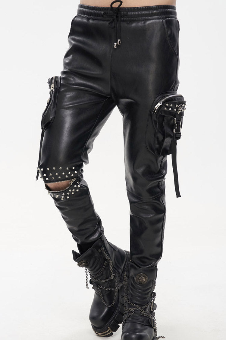 Rebel Rivet Zipper Pocket Faux Leather Cargo Trousers