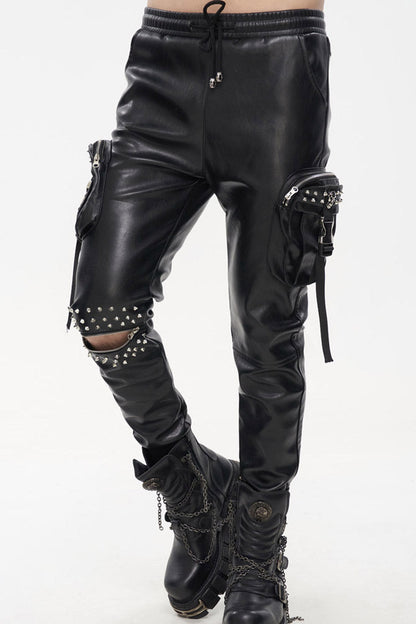Rebel Rivet Zipper Pocket Faux Leather Cargo Trousers