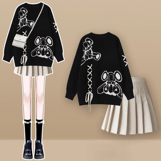 Cartoon Bear Lace Up Sweater Pleated Skirt Set