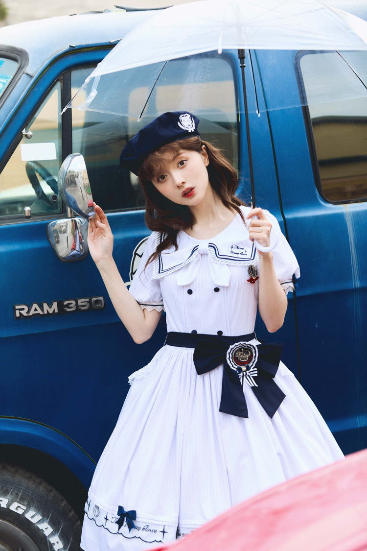 Ivory Navy Stripe Ruffled Embroidered Sweet Lolita Dress