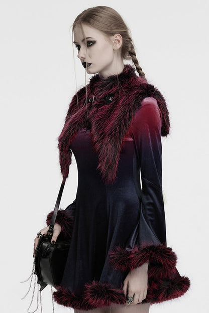 Crimson Mandarin Collar Sleeveless Gradient Faux Fur Women's Goth Cape