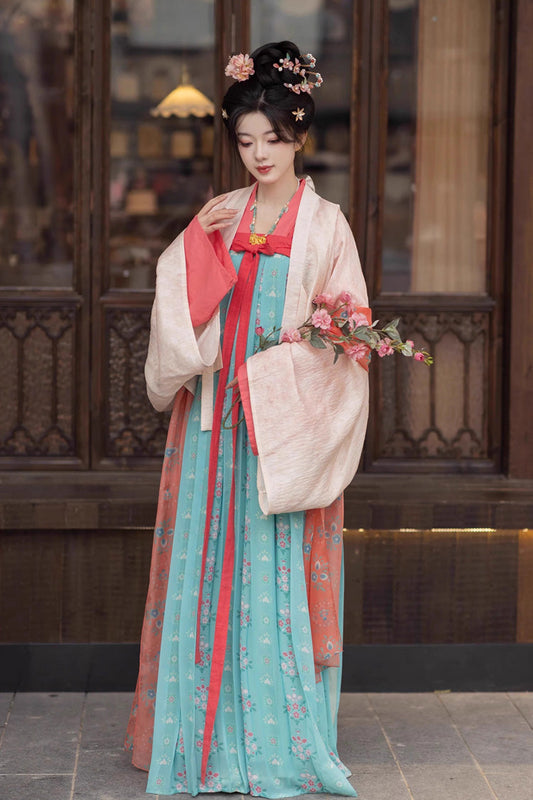 Emerald Peach Blossoms and Spring Long Sleeves Print Embroidery Classic Hanfu Dress