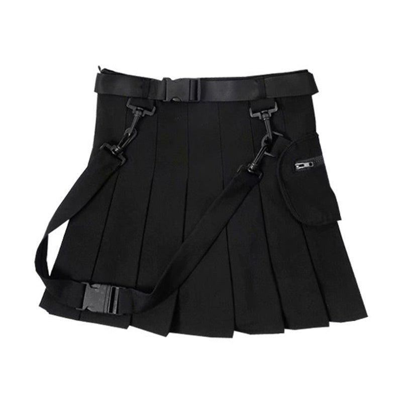 Chic Black Pocket Belted A-line Pleated Skirt