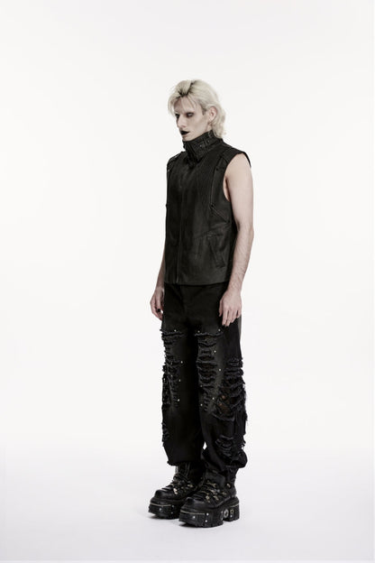 Ripped Studded Zippered Eyelet Mesh Black Punk Pants Men's