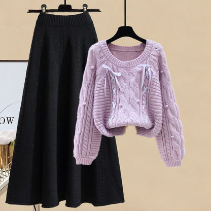 Set Skirt Cable Sweater Pills Decor Knit