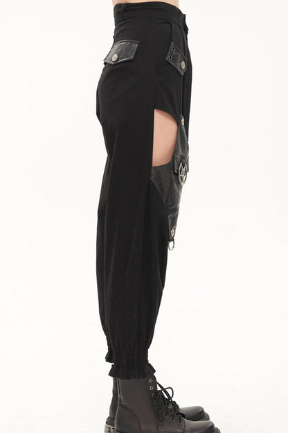 Womens Long Pants with Chain Accents and Leather Trim