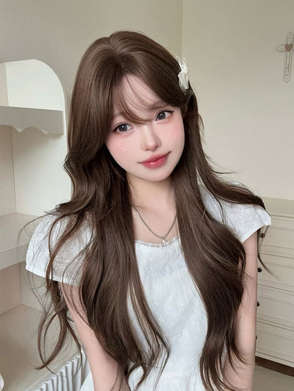 Brown 71CM Length Wavy Wig With Air Bangs