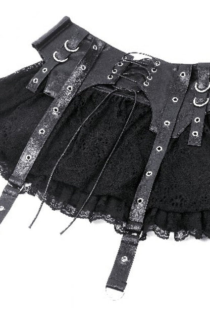 Lace-Up Punk Mini Skirt with Spliced Lace in Black Faux Leather