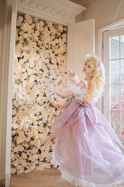 Pink Purple Rose Memoirs Sleeveless Multi-Layer Bow Lace Sweet Lolita Skirt Set