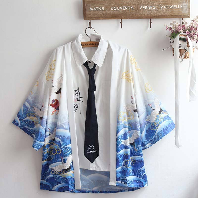 Crane Print Belted Kimono Outerwear Sun Protective