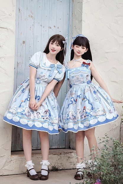 Bow-Embellished Print JSK with Ruffle Trim in Navy