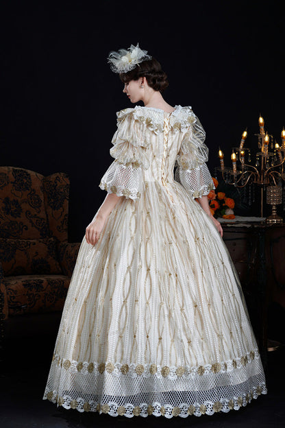 Ruffled Cut-Out Mesh Victorian Dress with Puff Sleeves