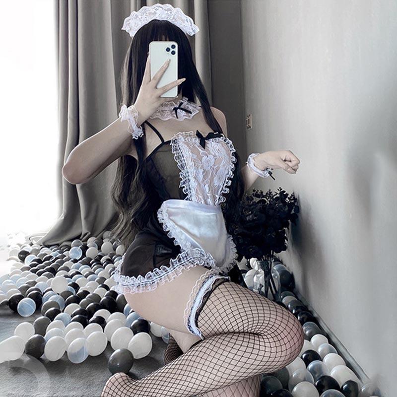 Robe de lingerie sexy noire kawaii pour femme de chambre