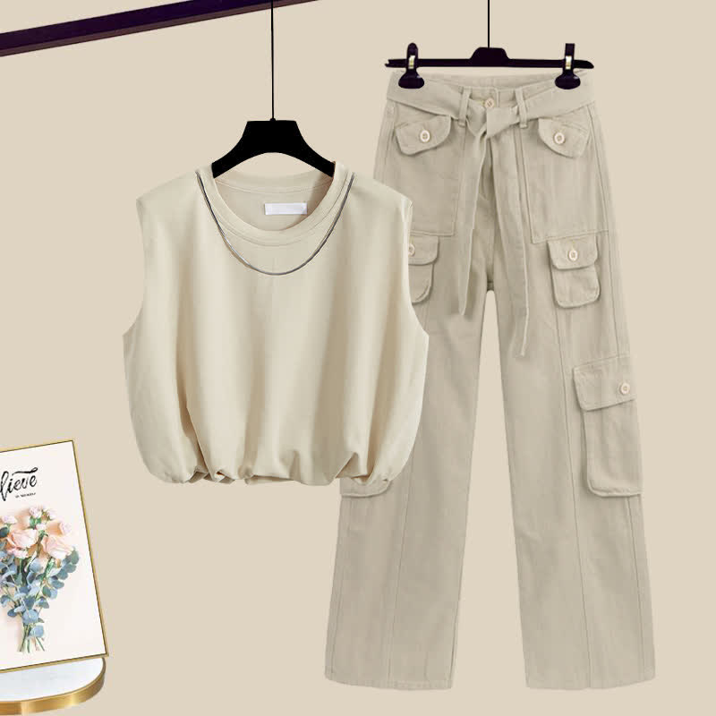 Collar Sleeveless Casual Round Cargo Chain Pants Top Crop