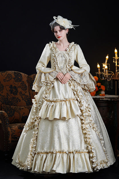 Classic Palace Dress with Square Collar & Trumpet Sleeves