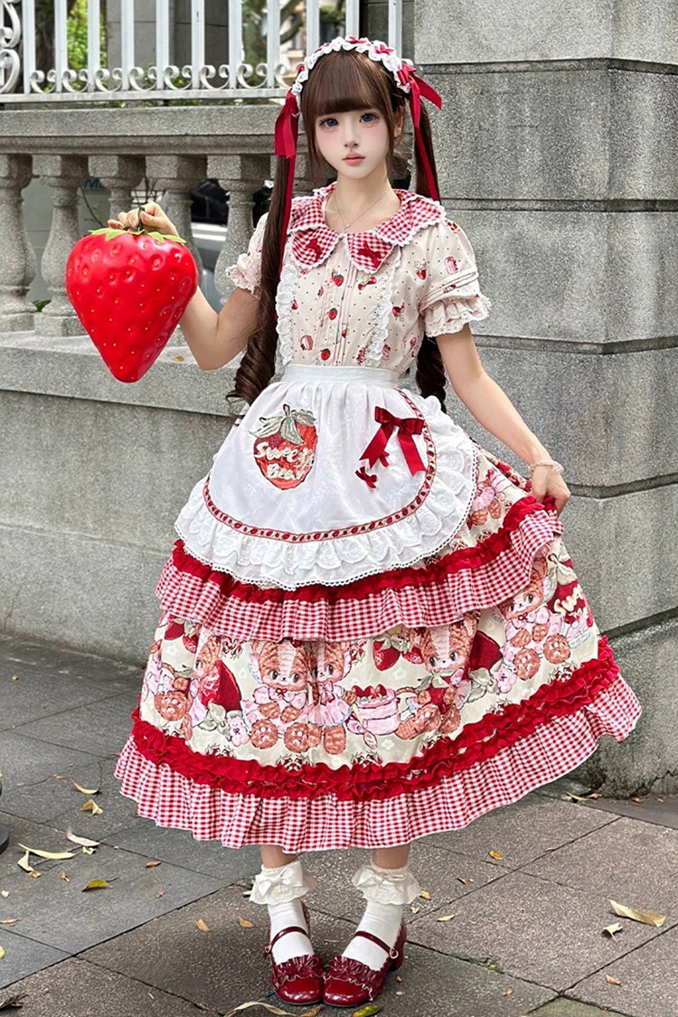 Bear Strawberry Ode Print Short Sleeve Double-Layered Ruffle Bow JSK