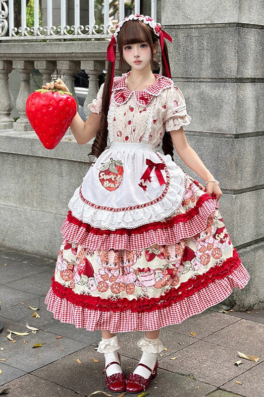 Bear Strawberry Ode Print Short Sleeve Double-Layered Ruffle Bow JSK