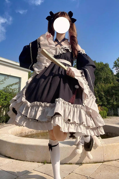High-Waisted Asymmetric Ruffled Bowknot Gothic JSK