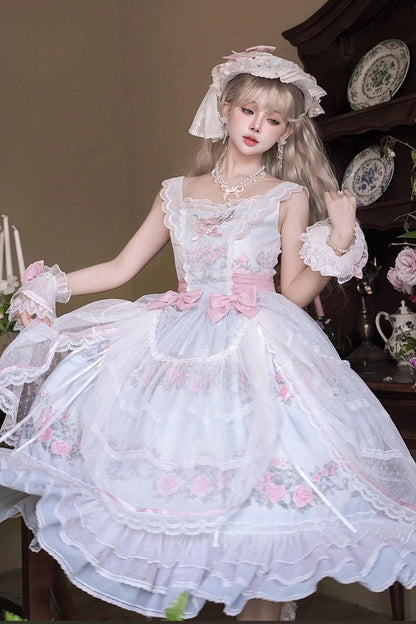 Multicolor Rose Flower Cage Print Ruffle Bow Lolita JSK