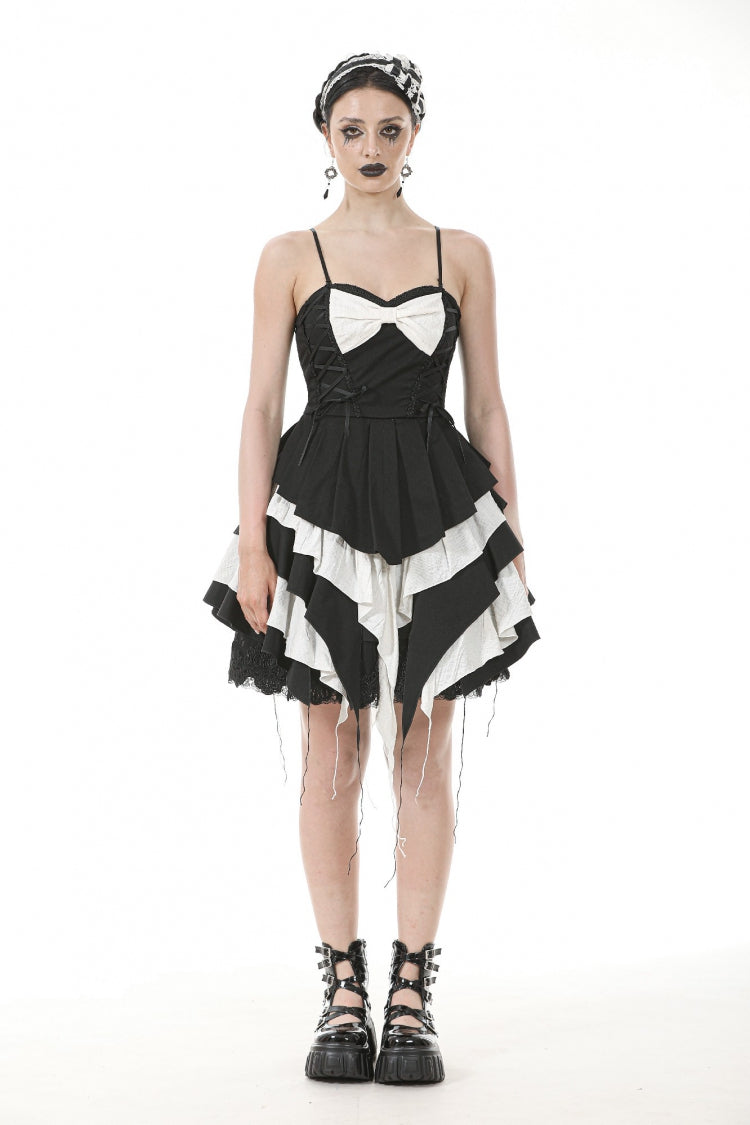 Monochrome Sleeveless Multi-Layered Ruffled Bow Slip Dress