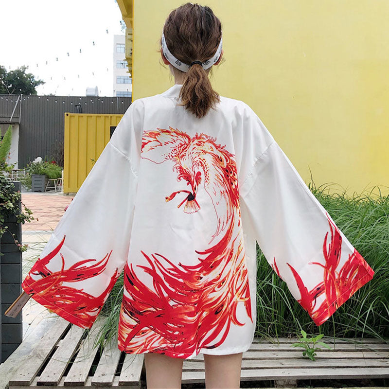 Kimono-Oberbekleidung mit leuchtendem Phoenix-Print und Sonnenschutz