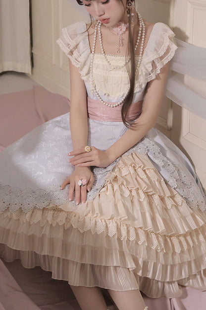 Cream Layered Asymmetrical Cardigan Ribbon Lolita JSK Dress