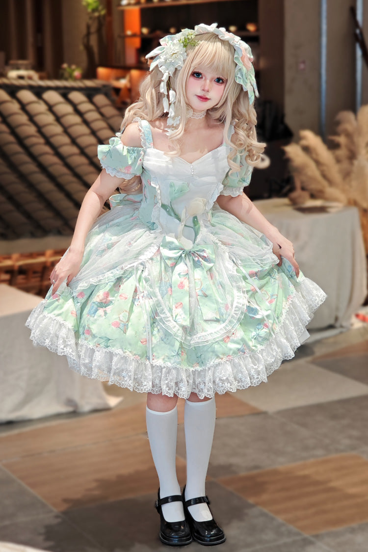 Emerald Off-Shoulder Ruffle Lace Sweet Lolita Dress - Tulip's Letter