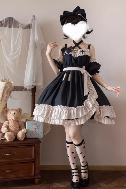 High-Waisted Asymmetric Ruffled Bowknot Gothic JSK