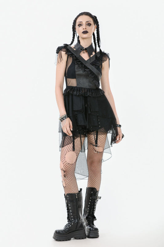 Jet V-Neck Sleeveless Multi-Tiered Ruffled Sheer Mesh Dress