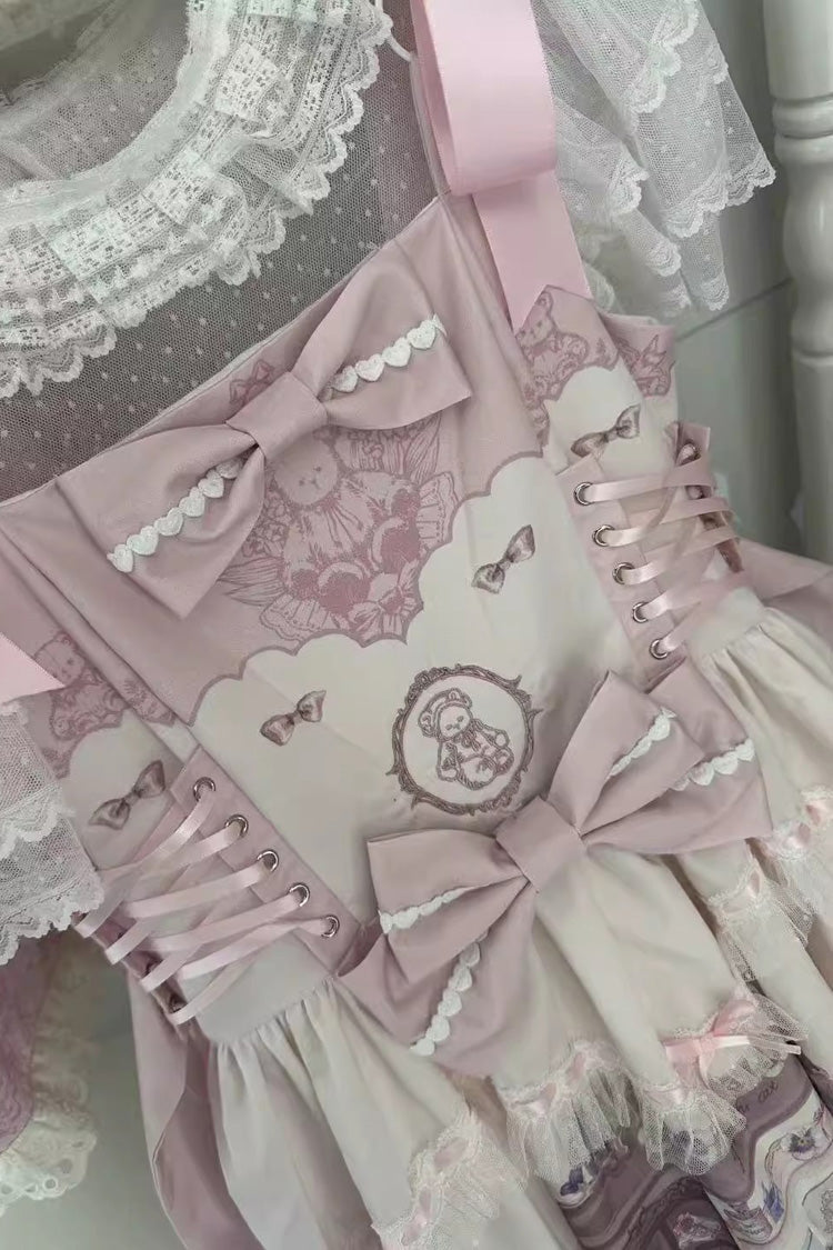 Pink Print Sleeveless Bow Lace Sweet Princess Lolita Jumper and Strap Gown - Little Bear Shop