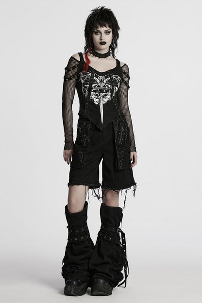 Detachable Punk Pants with Unfinished Edges and Mesh