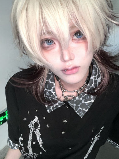 White And Brown Ombre Hair Color 43CM Length Ouji Short Wig With Air Bangs