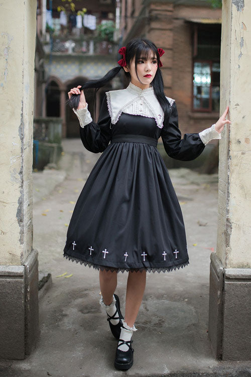 Black Gothic Lolita OP Dress with Cross and Punk High-Waist Style