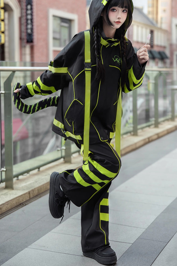Cat Ear Hooded Jirai Kei Long Sleeve Coat in Yellow Green Black