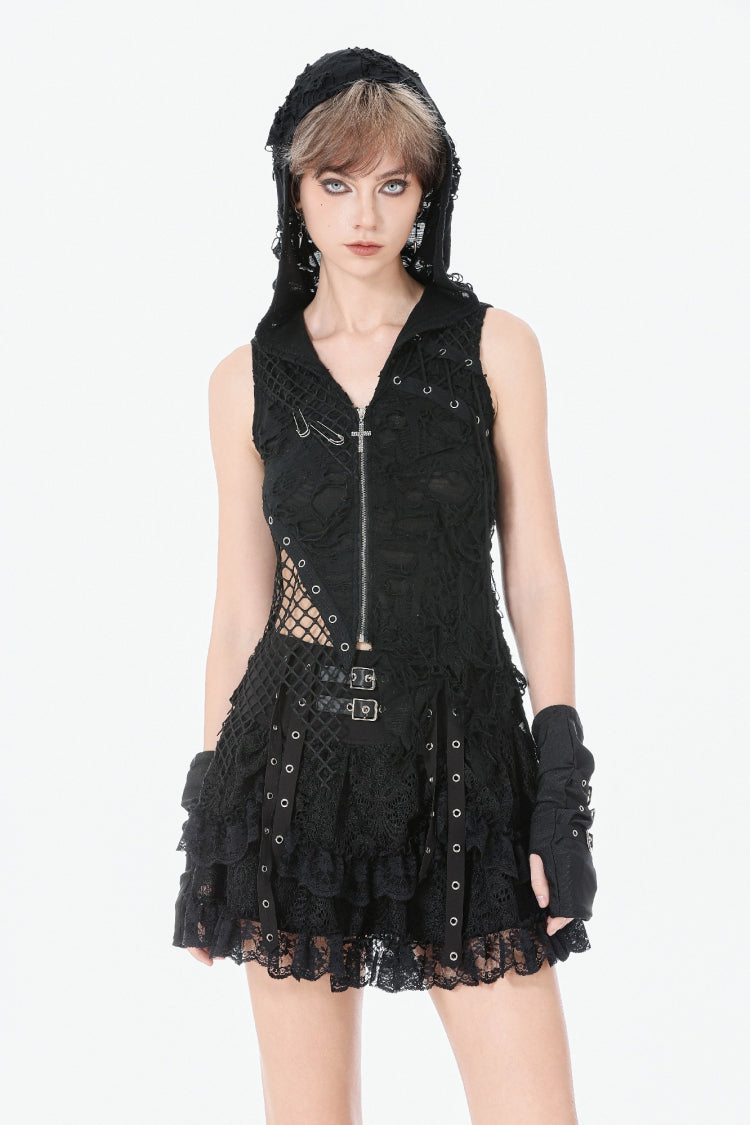 Hooded Punk Top with Ripped Mesh and Eyelets