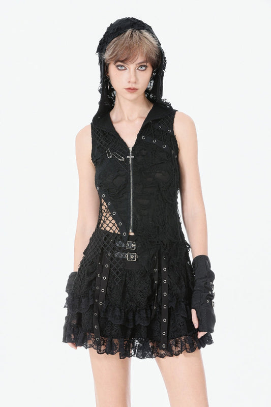 Hooded Punk Top with Ripped Mesh and Eyelets