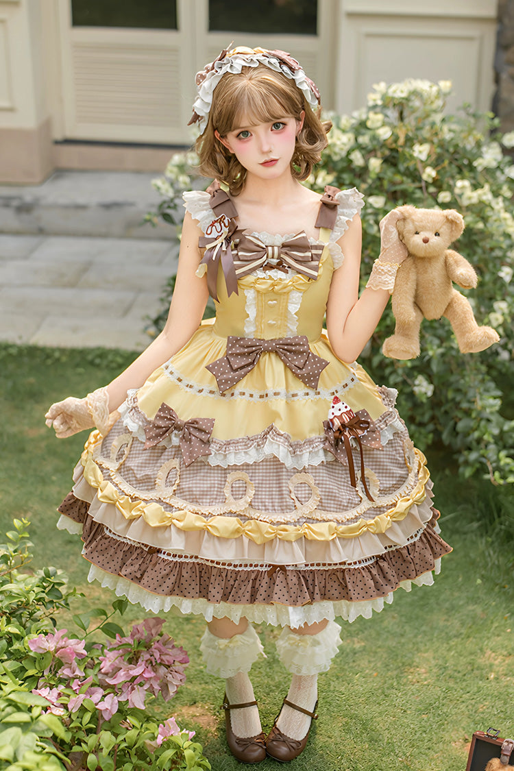 Polka Dot Cake Layered Print Ruffled Bow Sweet Lolita OP in Yellow Brown