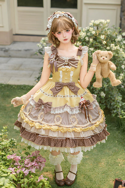 Polka Dot Cake Layered Print Ruffled Bow Sweet Lolita OP in Yellow Brown