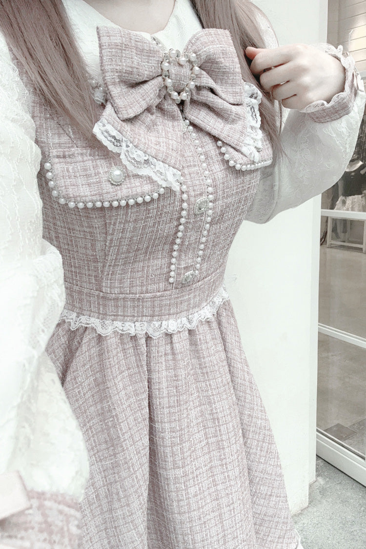 Grey Pink Bow Lace Pearl Sweet Dress