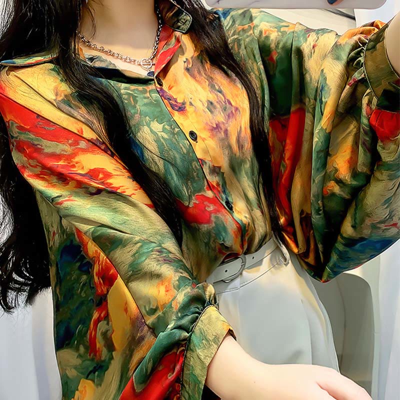 Vintage Floral Batwing Sleeve Lapel Shirt Workwear