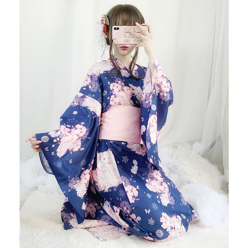 Robe kimono vintage à imprimé chat Sakura