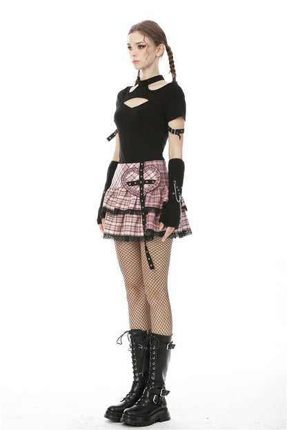 Pink Heart Plaid Double-Layer Ruffled Mini Skirt with Lace Hem