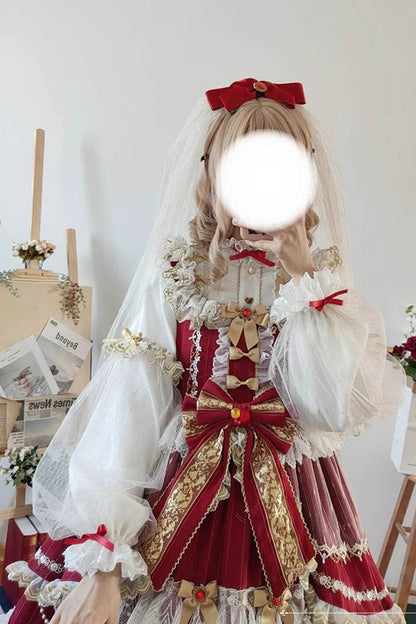 Wine Ruffled JSK Dress Sweet Lolita Multi-Layer Bowknot - Altfashion Shop