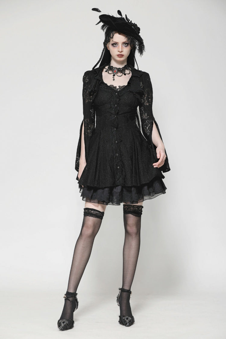 Ebony Embroidered Lace Trumpet Sleeve Corset Dress - Gothic Honeymoon Gown