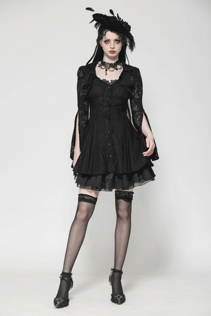 Ebony Embroidered Lace Trumpet Sleeve Corset Dress - Gothic Honeymoon Gown