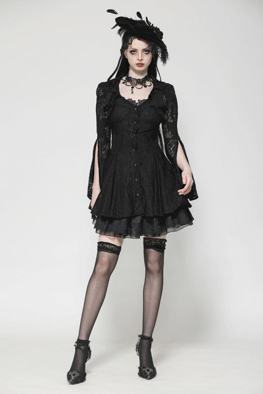 Ebony Embroidered Lace Trumpet Sleeve Corset Dress - Gothic Honeymoon Gown