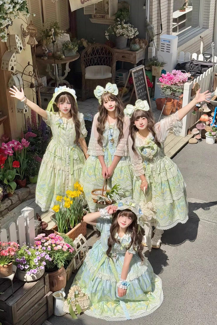 Ivory Green Lily of the Valley Perfume Pearl Candy Tea Doll Collar Sleeveless Print Lace Plus Sweet Lolita JSK