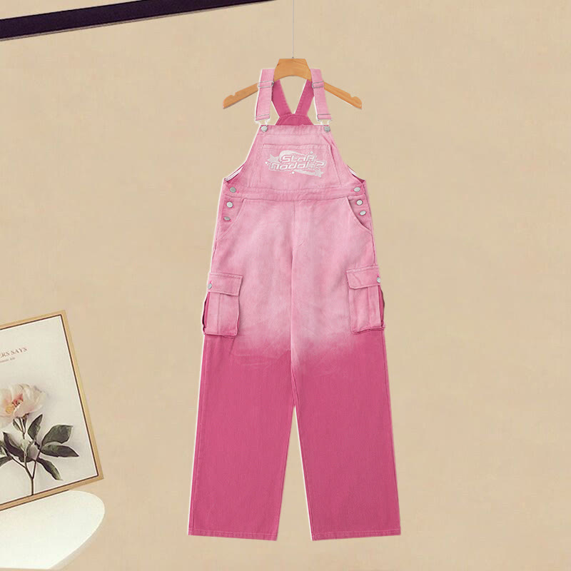 Set Letter Stripe Overalls Top Gradient Two Pieces